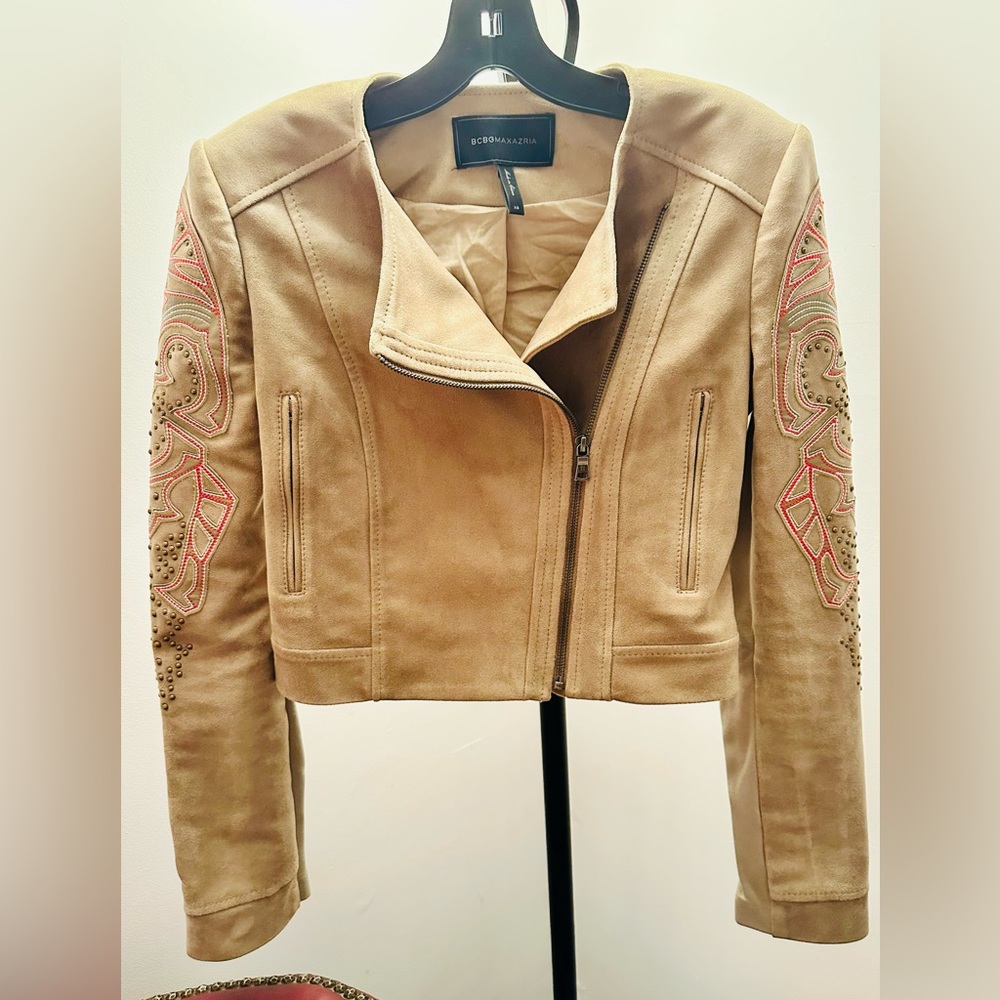 BCBGMAXAZRIA Nicholas Faux Suede Cropped Embroidered Moto Jacket, Size XS